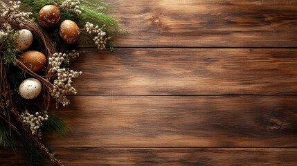 This image features decorative Easter eggs arranged in a nest of greenery, embodying the spirit of spring and renewal, suitable for seasonal marketing and themes.