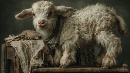   A baby goat perched on a wooden table, beside a blanket and atop a chair