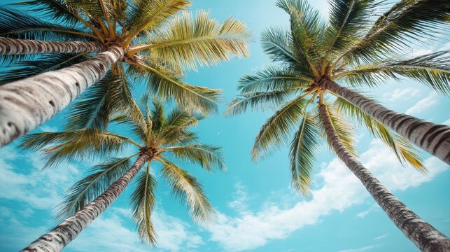 A stunning view of tall palm trees against a clear blue sky, showcasing the beauty of tropical landscapes and emphasizing relaxation and vacation vibes.