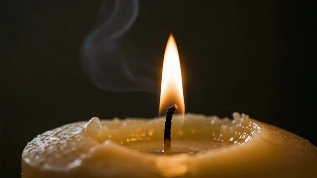 Close-up of burning candle flame with soft smoke in darkness, symbolic and spiritual concept