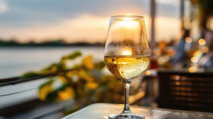 Obraz premium Champagne sunset drink by the water