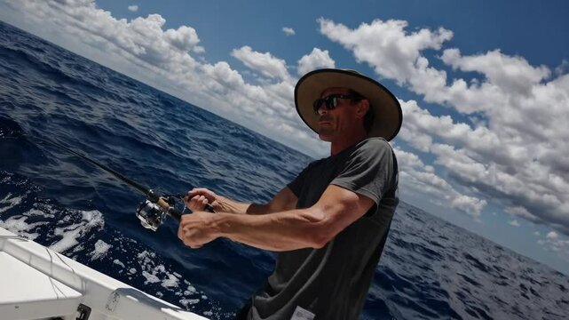 Skilled fisherman battling large fish while reeling from charter boat, experiencing deep sea fishing adventure under bright sunny sky