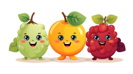 Obraz premium Whimsical Cartoon Illustration of Colorful Grape, Mandarin, and Pear Fruits for Creative Projects