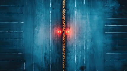 An aerial view of an empty parking lot starkly contrasts with the vibrant red traffic light, creating a sense of stillness and solitude in an urban environment devoid of activity.
