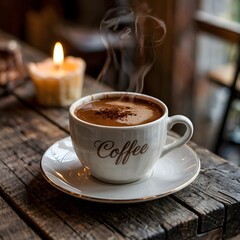 Hot coffee cup with steam on wooden table cozy warm cafe atmosphere and candlelight in soft background
