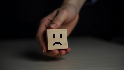 Sad Face On Wooden Block Held In Hand Showing Negative Emotions