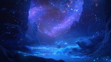 Fototapeta premium Mystical cave adorned with ethereal starlight in a surreal landscape
