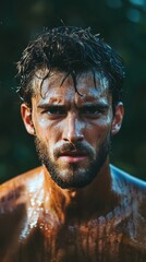 Attractive Man with Wet Hair and Beard Looking Intensely at the Viewer