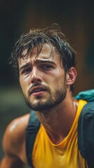 Sweaty Man with Backpack Hiking Looks Upward with Intense Expression