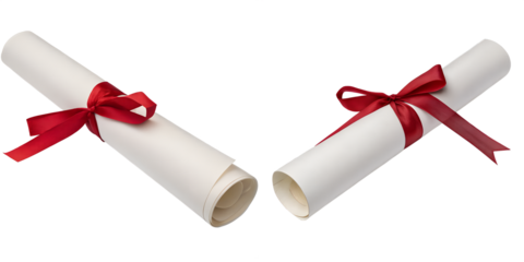 Rolled-up diploma tied with elegant red ribbon, isolated on transparent background for graduation design