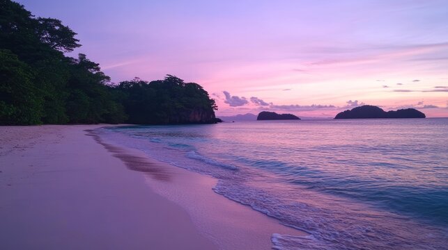 Tranquil coastal scene at dusk with ethereal purple and pink sky