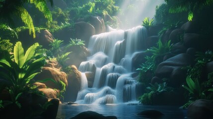 Serene waterfall cascading through lush tropical vegetation in paradise