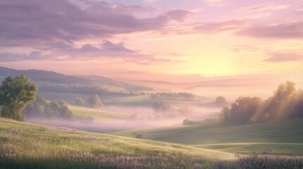 Obraz premium Dreamy dawn landscape with mist and soft light in rolling hills