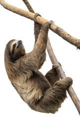 Fototapeta premium Cute sloth hanging upside down from a tree branch isolated, relaxed and sleepy with fuzzy fur and curved claws