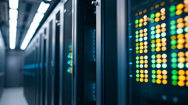 Close-up view of a modern data center server room with illuminated LED lights and cables connected to the servers.