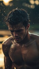 Shirtless Hispanic Man Standing in the Rain Outdoors Looking Down