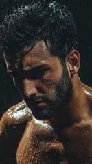 Close Up Portrait of a Wet Man with Dark Hair and Beard