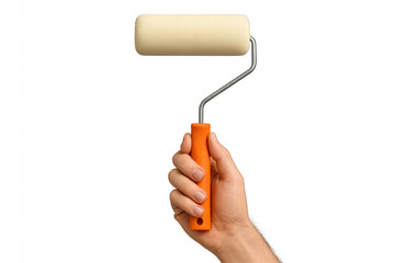 Hand holding paint roller with red handle and white roller brush, isolated on transparent background.