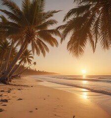 Golden hour light bathes palm-lined beach, film-like texture ,  ocean view,  sunny,  clear