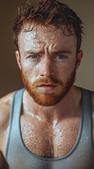 Intense Close-Up of Sweaty Red-Haired Man in Tank Top Looking Directly at Camera