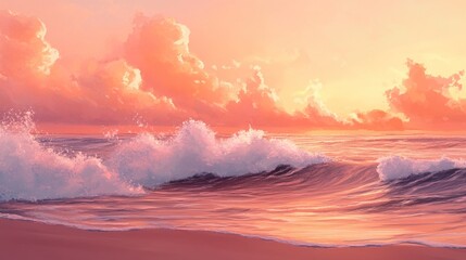 Fototapeta premium Painted ocean vista with pastel clouds and gentle wave action
