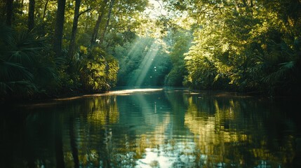 Obraz premium Tranquil river flowing through lush, green forest