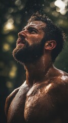 Bearded Man Looking Upward in the Rain Shower Showing Wet Skin and Muscular Build