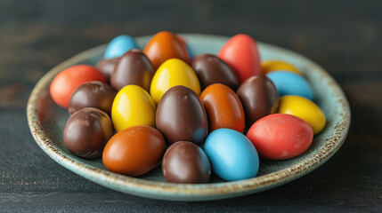 Colorful chocolate eggs on a plate