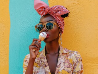 Stylish African Woman Enjoying an Ice Cream Cone Against a Two-Toned Painted Wall
