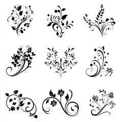 Intricate floral designs, replete with slender leaves and whirling shapes, are meticulously organized in a 3x3 grid