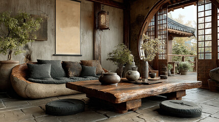   A cozy living room featuring a sofa, coffee table, lush potted plants, and a beautiful picture hanging above