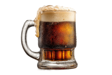 PNG Frosty glass of dark beer with foam overflowing on transparent background