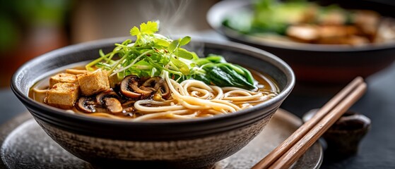 Steaming noodle soup with tofu and greens