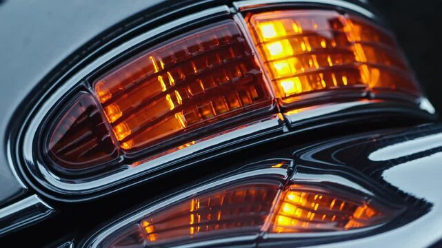 Classic Car's Orange Turn Signal Light Blinking, Reflecting On The Polished Vehicle Surface, Symbolizing Automotive Design, Safety, And Retro Style