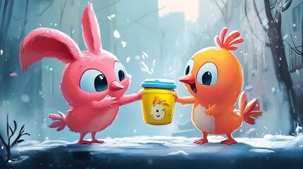 Chirping Companions: A heartwarming scene of friendship unfolds as a cheerful chick shares a sweet treat with a pink rabbit. The whimsical style and soft tones evoke feelings of warmth and joy.