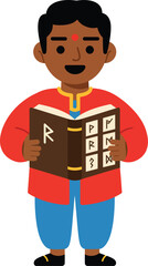 Young boy reading book with ancient runes in colorful traditional clothes educational vector illustration 