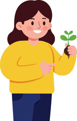 Girl holding small green plant sapling smiling happily in yellow sweater and blue pants vector illustration 