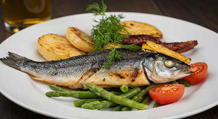 Exquisite Grilled Sea Bass Served With Roasted Potatoes And Asparagus