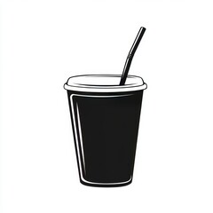 A minimalist black icon features a cup with a lid and straw for drinking