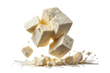 PNG Floating cubes of feta cheese on black background explode with crumbles