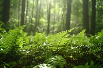 Lush forest floor with ferns