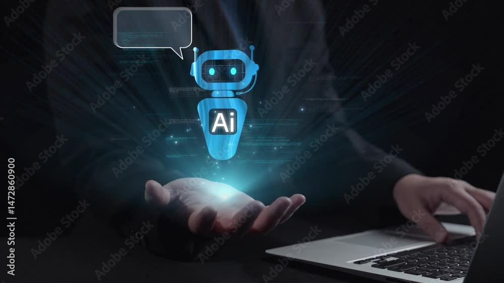 Poster human interact with ai artificial intelligence virtual assistant chatbot in concept of ai artificial