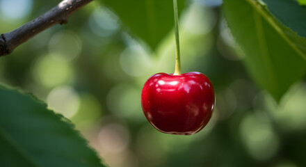 Single Cherry Ready To Pick Hanging From Tree Branch With Green Leaves