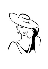 Beautiful lady in hat and gloves. Outlined drawing for fashion design
