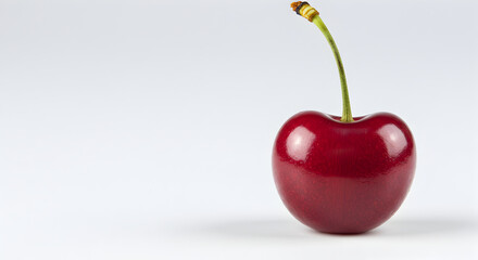 Perfectly Isolated Red Cherry with Green Stem Against a Light Background