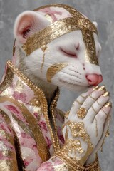 Ornate white ferret in golden baroque costume with pearls and pink floral patterns, praying pose with closed eyes in luxurious royal outfit