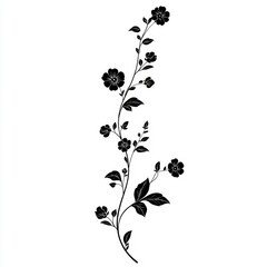 A dainty black shape illustrates a branch of flowers featuring small blooms and paired foliage