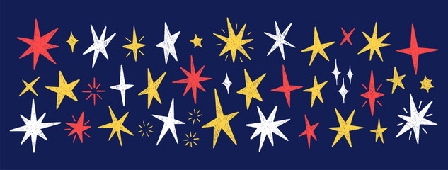 Stars big set, crayon hand drawn icons. Magic gold and white twinkle silhouettes. Shine, spark, light chalk elements on blue background. Sketch sparkles. Glitter doodle sparks. Vector illustration