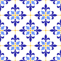 Mediterranean abstract seamless pattern of blue yellow tiles. Ethnic mosaic design of Portuguese, Italian, Spanish motifs. Ornament for home textile or ceramic. Vector illustration