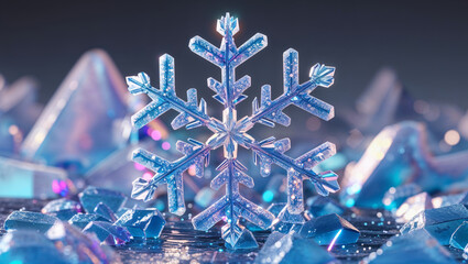 A detailed macro shot of a luminous snowflake, showing intricate ice crystal structures.